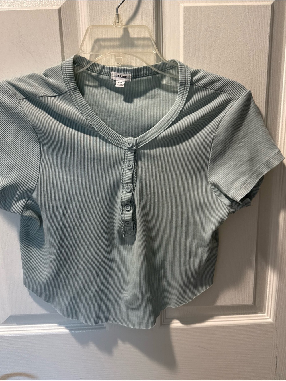 Garage Clothing mint blue/green cropped ribbed Henley short-sleeve top SZ PET SM